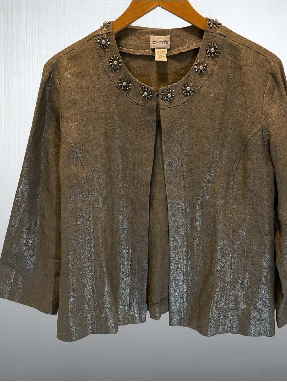 Chico's Metallic Grey Taupe Pewter 100% Linen Embellished Open Jacket Size M
